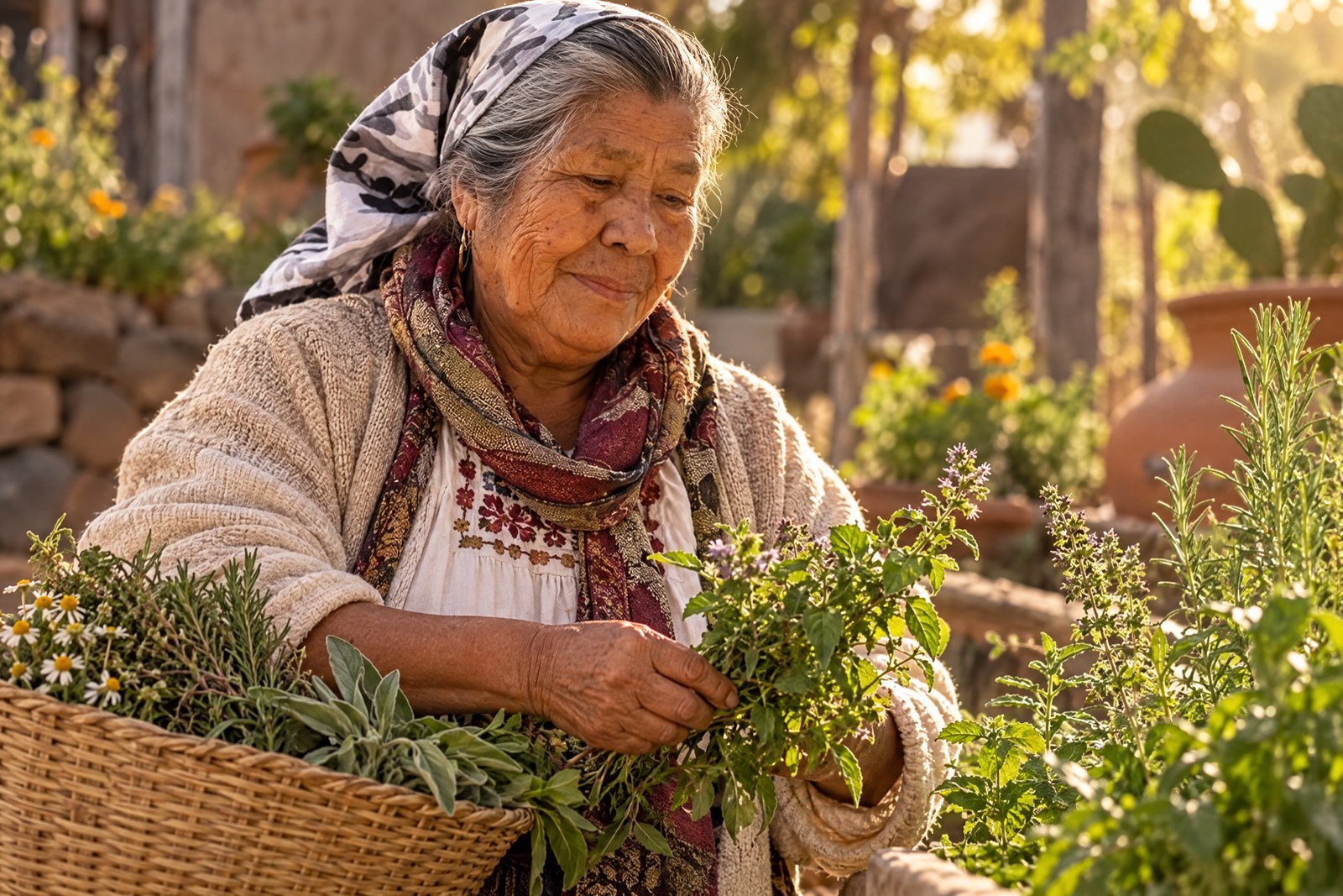 Mujer mayor cuidando plantas medicinales en un jardín
